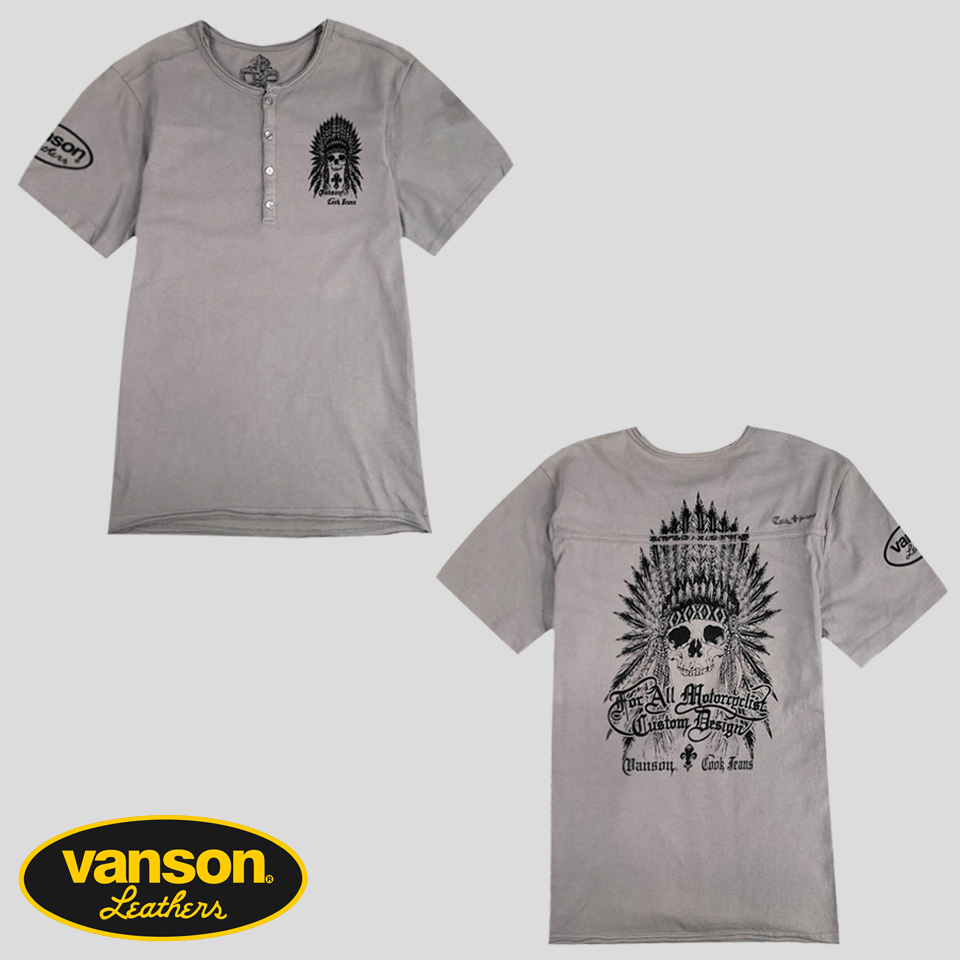 VANSON 벤슨 반슨 차콜 블랙 인디언 전사 프린팅 Y2K 펑크 락시크 헨리넥 코튼100 반팔 티셔츠 S