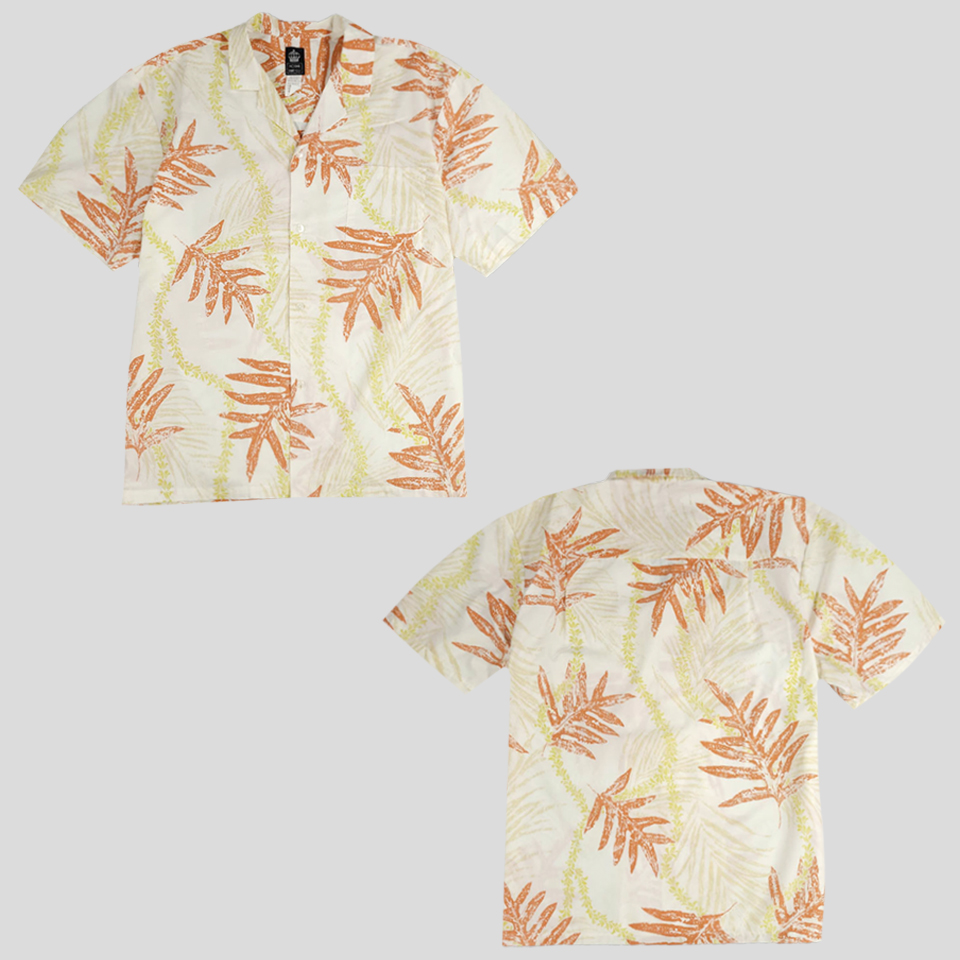 MOANA SHIRT CO 화이트 오렌지 리프패턴 체스트포켓 하와이안 반팔셔츠 하프셔츠 MADE IN HAWAII XL