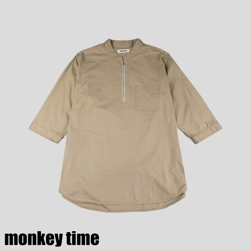 Monkey Time 몽키타임 베이지 체스트포켓 하프집업 반집업 코튼100 차이나카라 헨리넥 7부 긴팔 티셔츠 롱슬리브 L