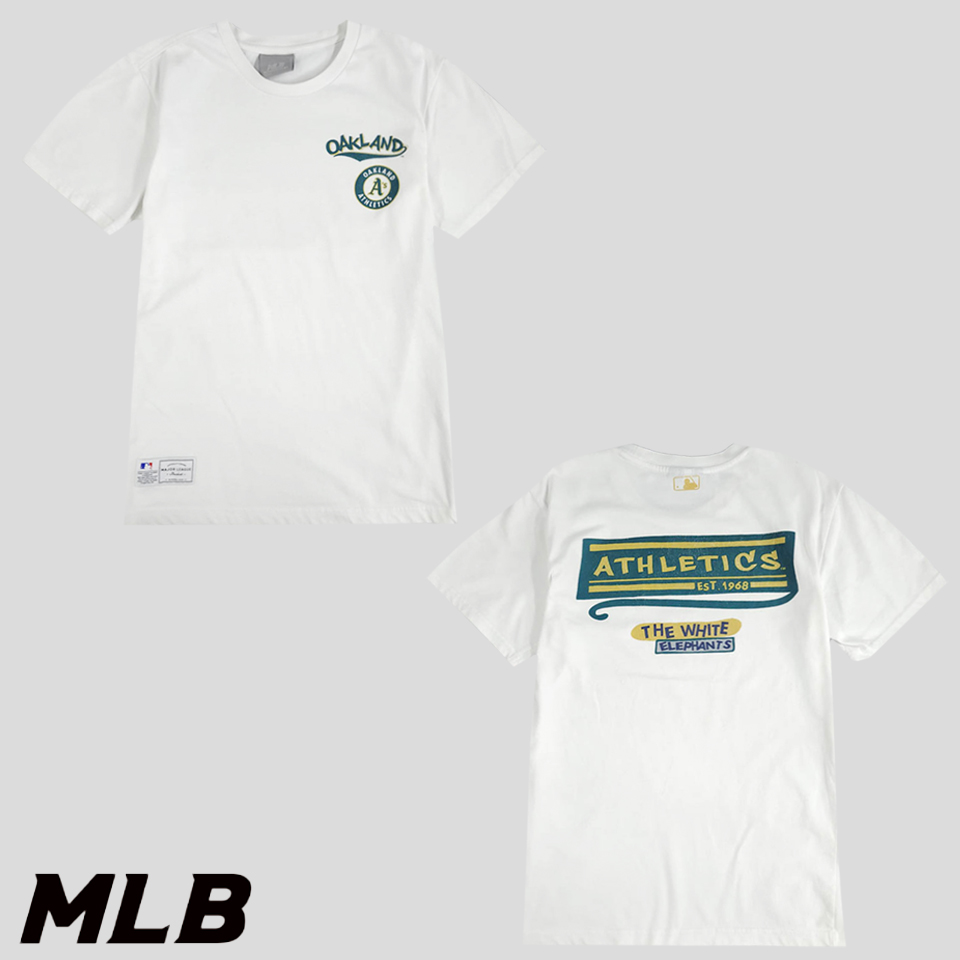 MLB 엠엘비 화이트 그린 옐로우 오클랜드 에슬래틱 코튼 반팔 티셔츠 M