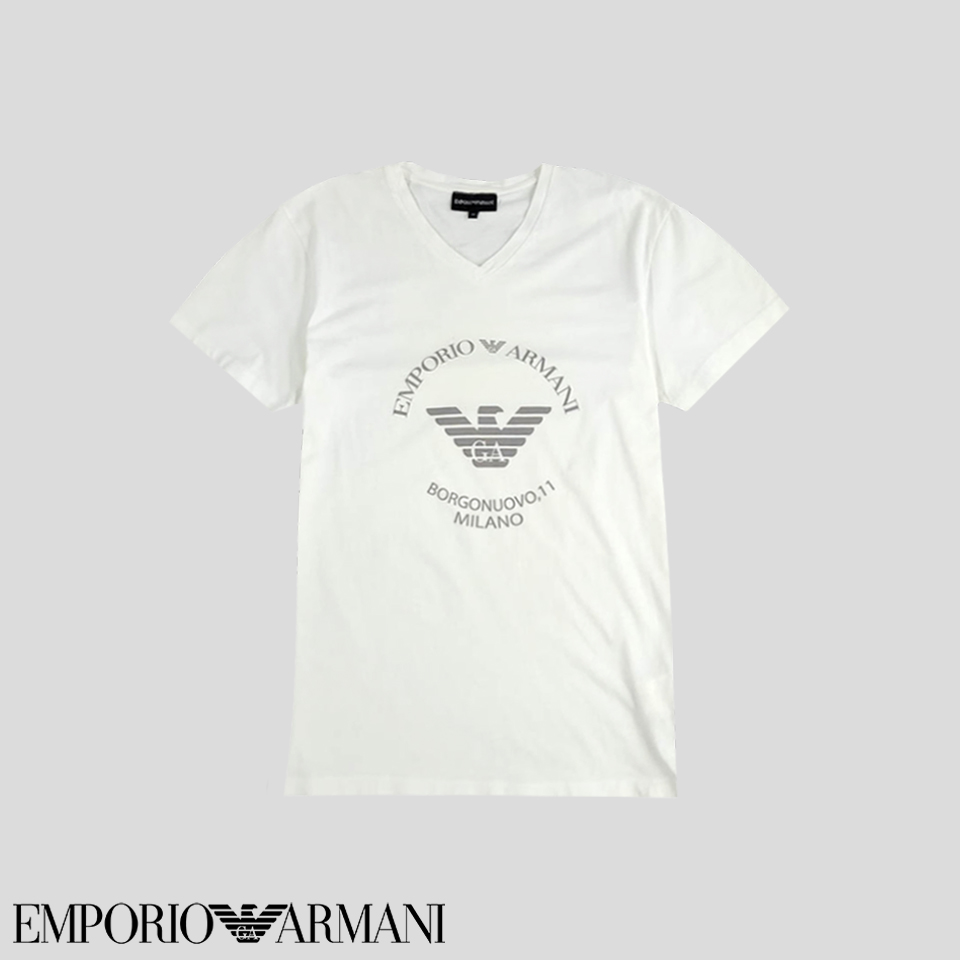 엠포리오 아르마니 화이트 Borgonuovo 밀라노 프린팅 코튼100 브이넥 반팔 티셔츠 M
