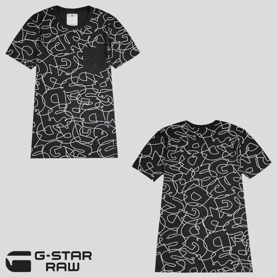 지스타로우 딥그레이 스펠라이닝 모노그램 패턴 원포켓 코튼혼방 라운드넥 반팔 티셔츠 S