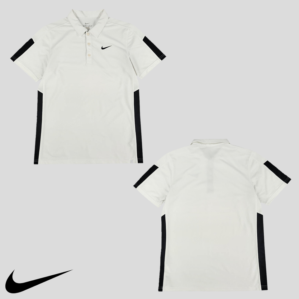 나이키 테니스 화이트 블랙 스우시 배색 드라이핏 폴리100 기능성 메쉬 카라넥 반팔 티셔츠 M