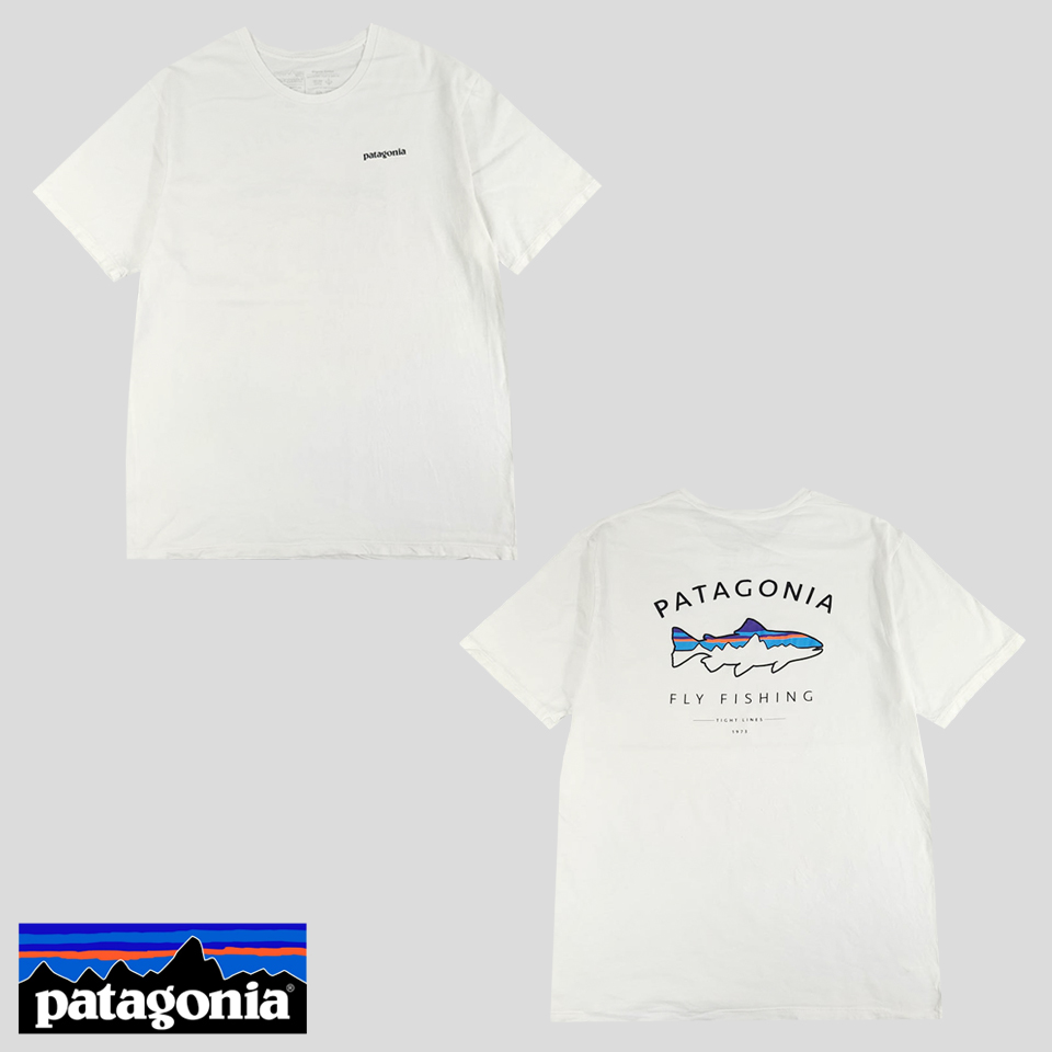 파타고니아 화이트 블랙 플라이피싱 빅프린팅 레귤러핏 샤크 아웃도어 오가닉 코튼100 반팔 티셔츠 XL