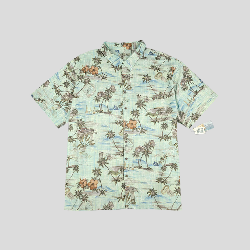 BATIK BAY 그린 블루톤 하와이안 플로랄 야자수패턴 레이온100 반팔셔츠 하프셔츠 새상품 2XL