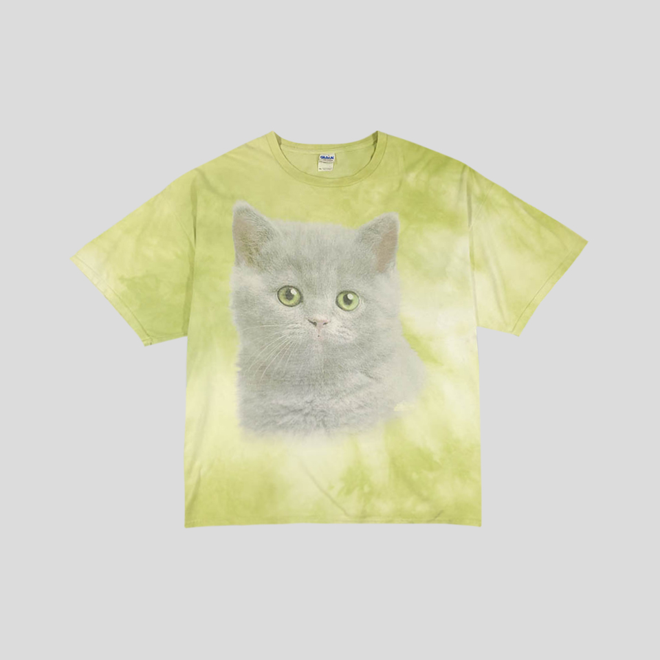 길단 옐로우그린 라임 고양이 빅프린팅 타이다이 헤비코튼 코튼100 오버핏 반팔 티셔츠 MADE IN HONDURAS XL