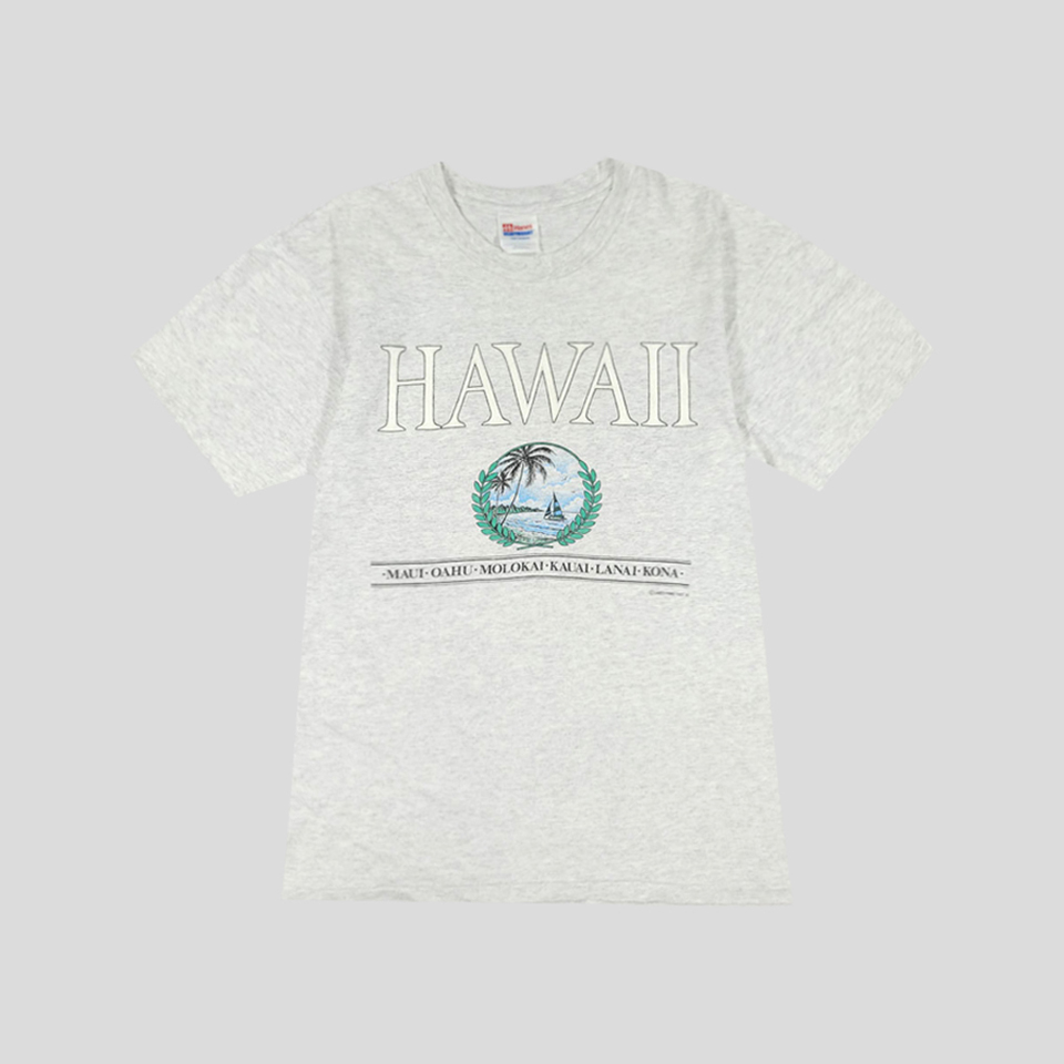 HANES 헤인즈 90s 멜란지 그레이 하와이 월계수 라운드 프린팅 코튼 반팔 티셔츠 MADE IN USA M