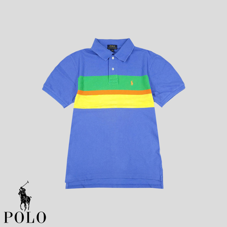 폴로랄프로렌 블루 그린 옐로우 스트라이프 오렌지포니 카라넥 PK 피케 코튼100 반팔 티셔츠 S