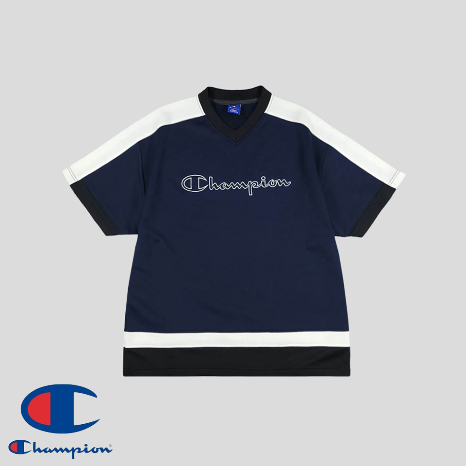 챔피온 JP 90s 네이비 화이트 사이드라인 스펠로고 브이넥 올드스쿨 폴리 져지 반팔 티셔츠 XL