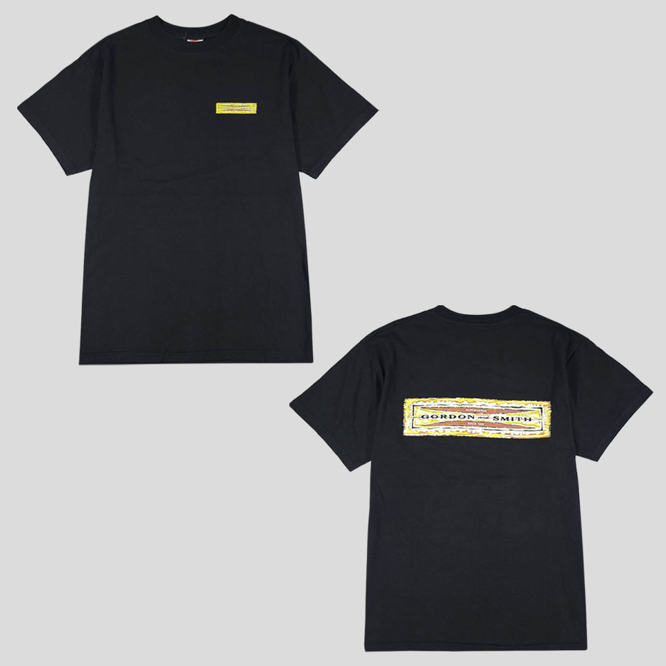 GORDON and SMITH 블랙 옐로우 서핑 보드 로고프린팅 코튼100 반팔 티셔츠 MADE IN USA L