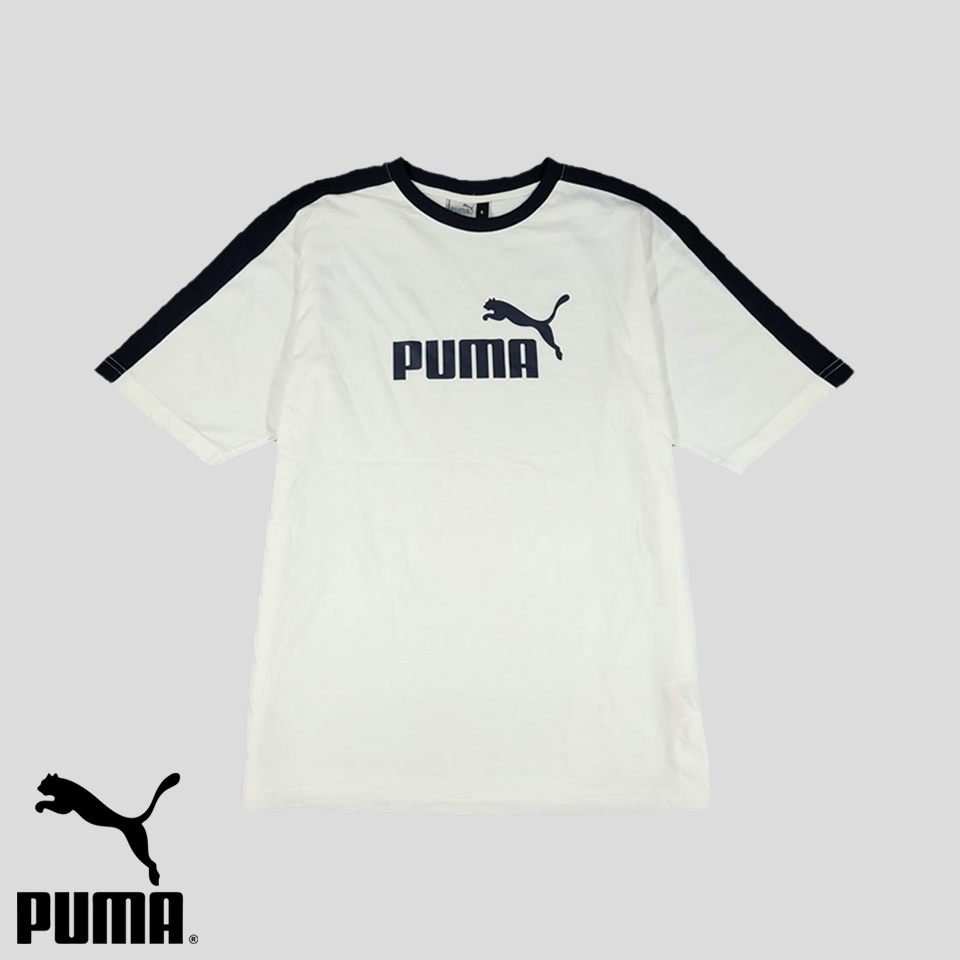 PUMA 퓨마 푸마 00s 화이트 딥네이비 사이드라인 로고프린팅 코튼 혼방 반팔 티셔츠 L