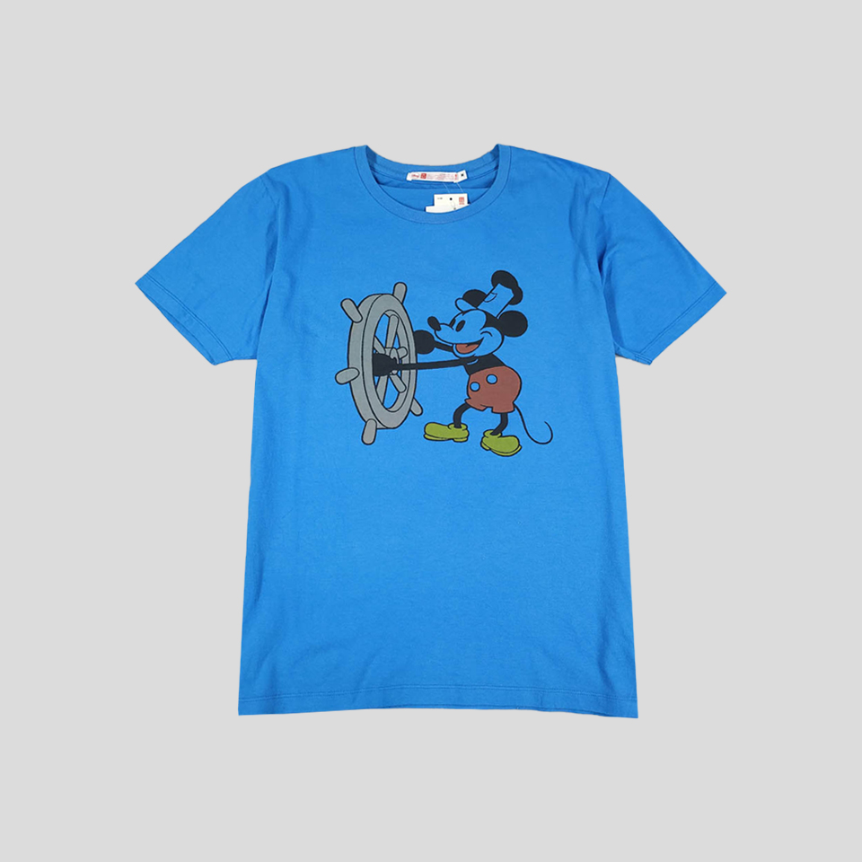 유니클로 X 디즈니 블루 항해사 미키마우스 프린팅 코튼100 반팔 티셔츠 새상품 M