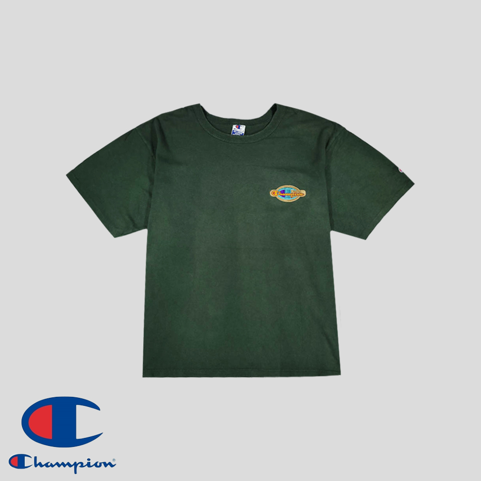 챔피온 90s 피그먼트 딥그린 브라운 멀티컬러 로고 헤비코튼100 반팔 티셔츠 MADE IN USA 3XL